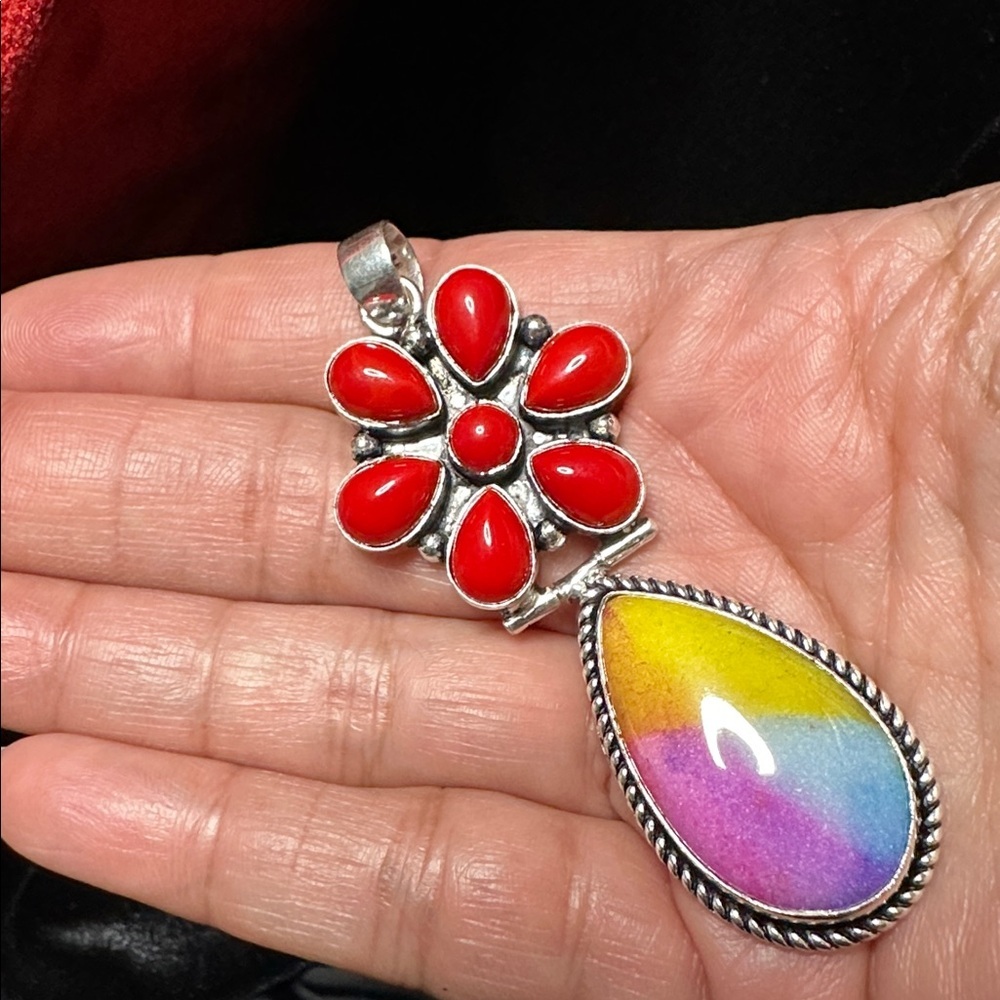 Artisan Jewelry Red Coral Floral Pendant with Multicolor Teardrop Handcrafted - Picture 14 of 15
